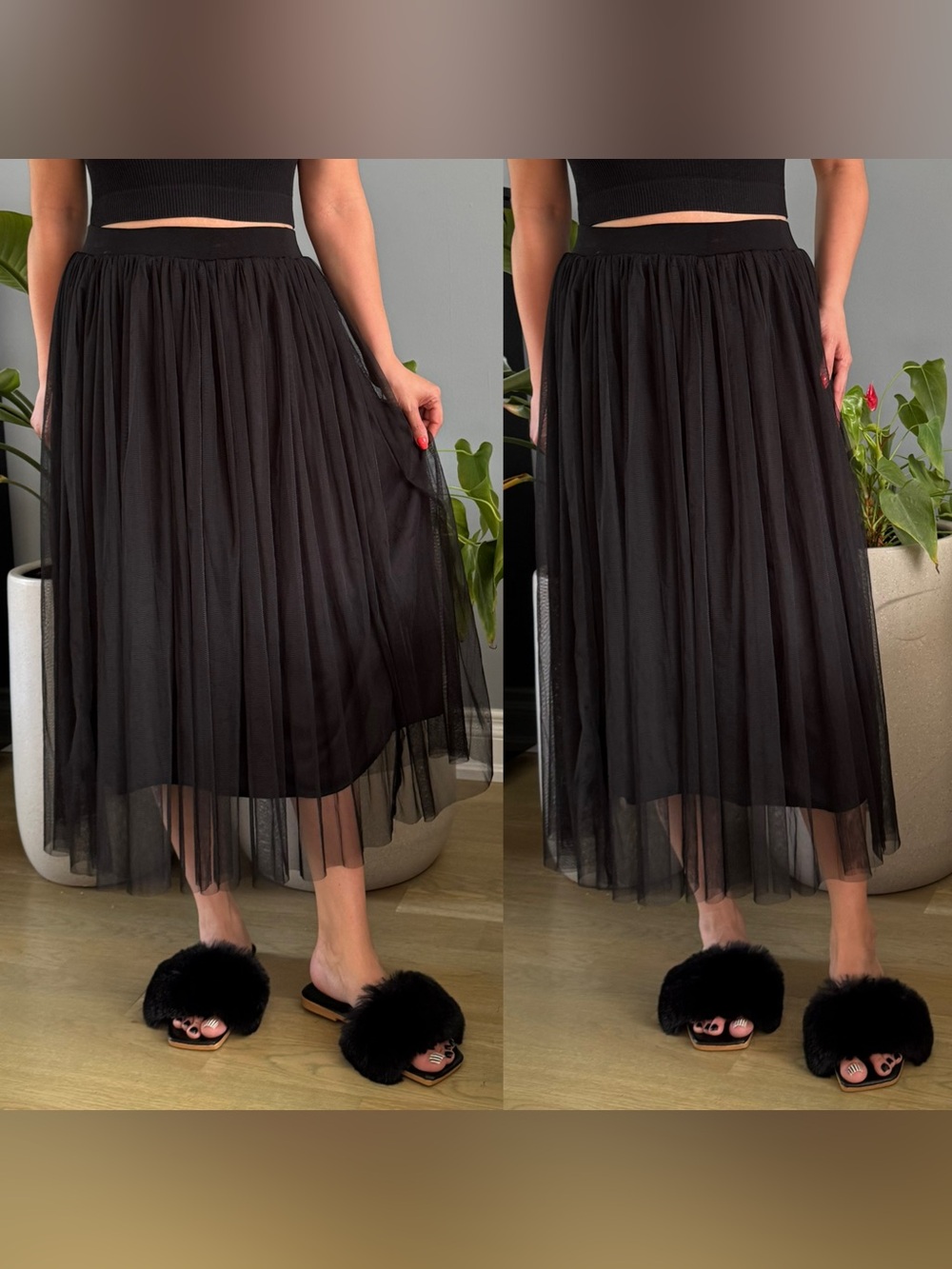 Tulle Midi Skirt - Women's Pleated Layered Skirt